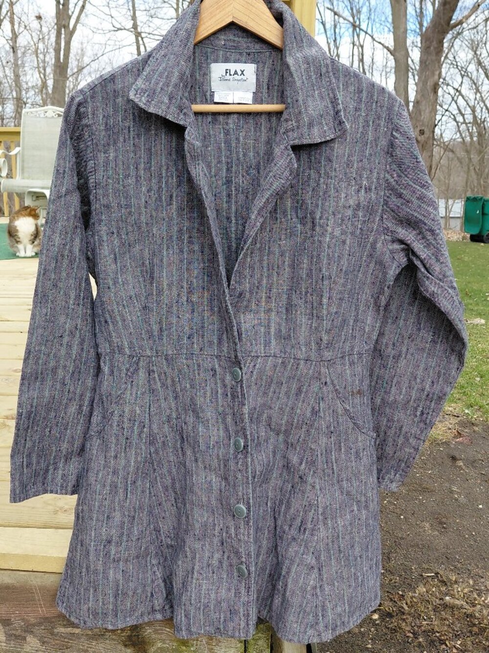 Vintage FLAX Lagenlook linen style button jacket  Raw Grey w/ blue stripe Small